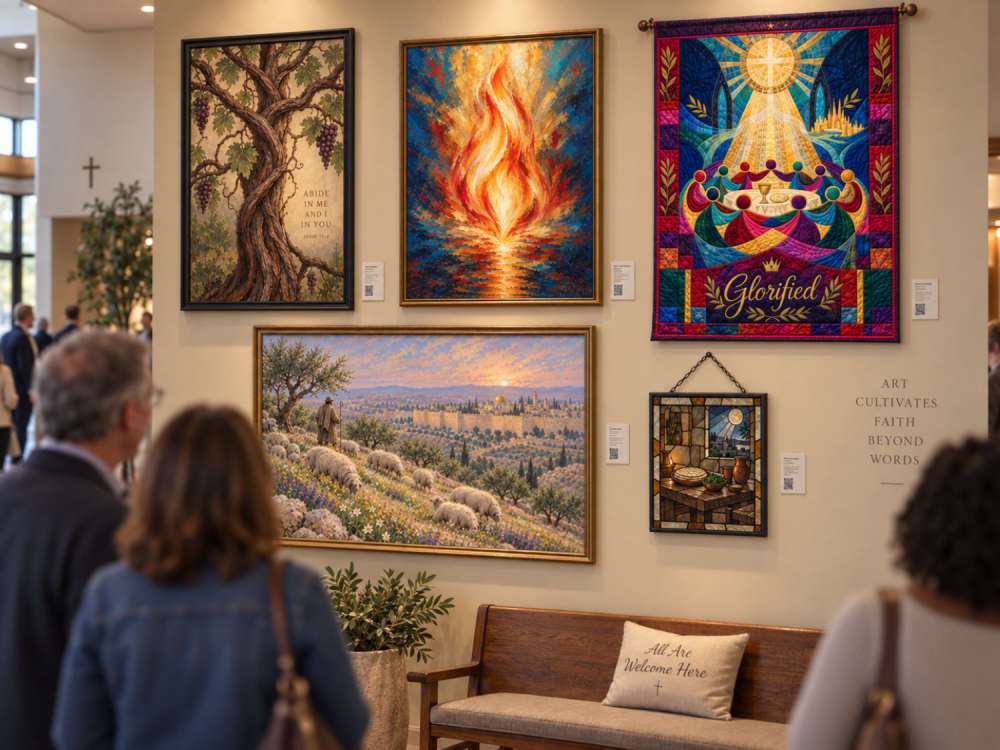 A church arts gallery on a lobby wall, with visitors viewing framed and quilted pieces
